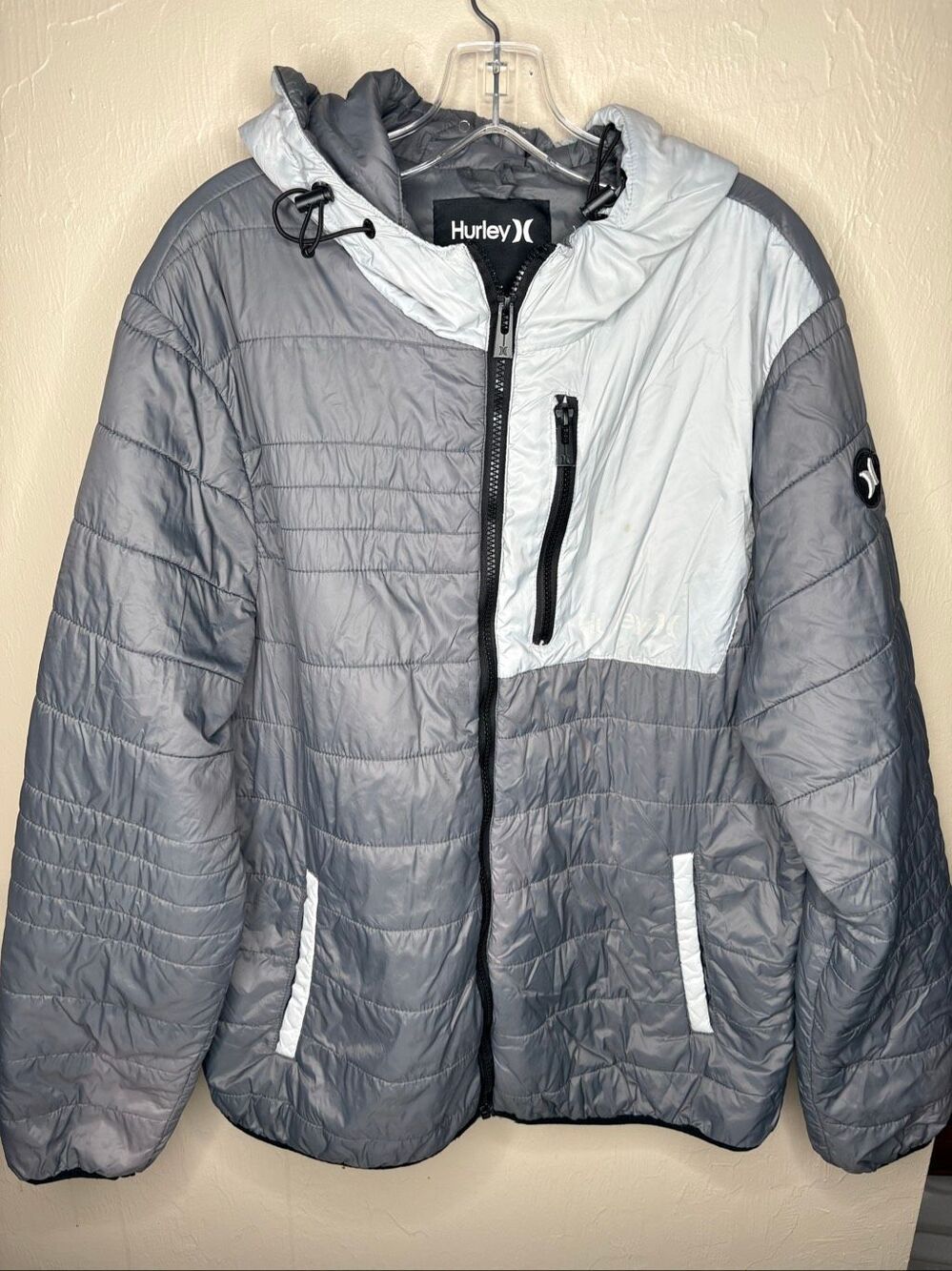 Hurley Gray Colorblock Hooded Puffer Jacket Men's Full Zip Insulated X-Large-134